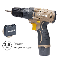 A3  Аккумуляторная дрель-шуруповерт Nocord, 12В, 2х1.5 А·ч Li-Ion, в кейсе + 13 предметов оснастки, NCD-12.2.15.C уценённый